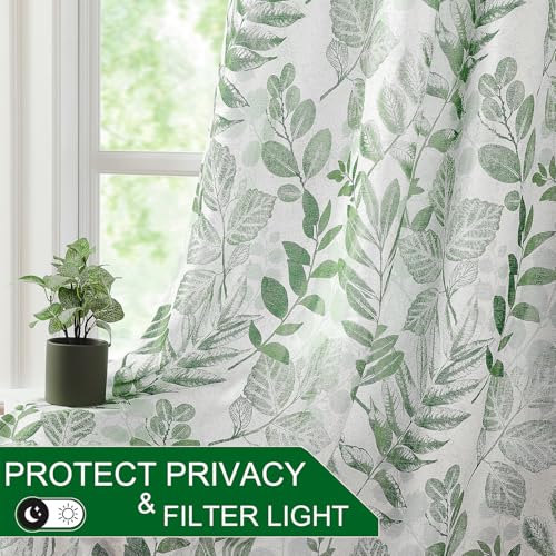 Image of Green Leaf Light Filtering Window Curtains, 55 inch Wx84 Lx2 | Leaves Botanical Pattern, Linen Blend Semi Sheer Panels, Grommet Top, Natural Texture Privacy Drapes for Living Room Bedroom