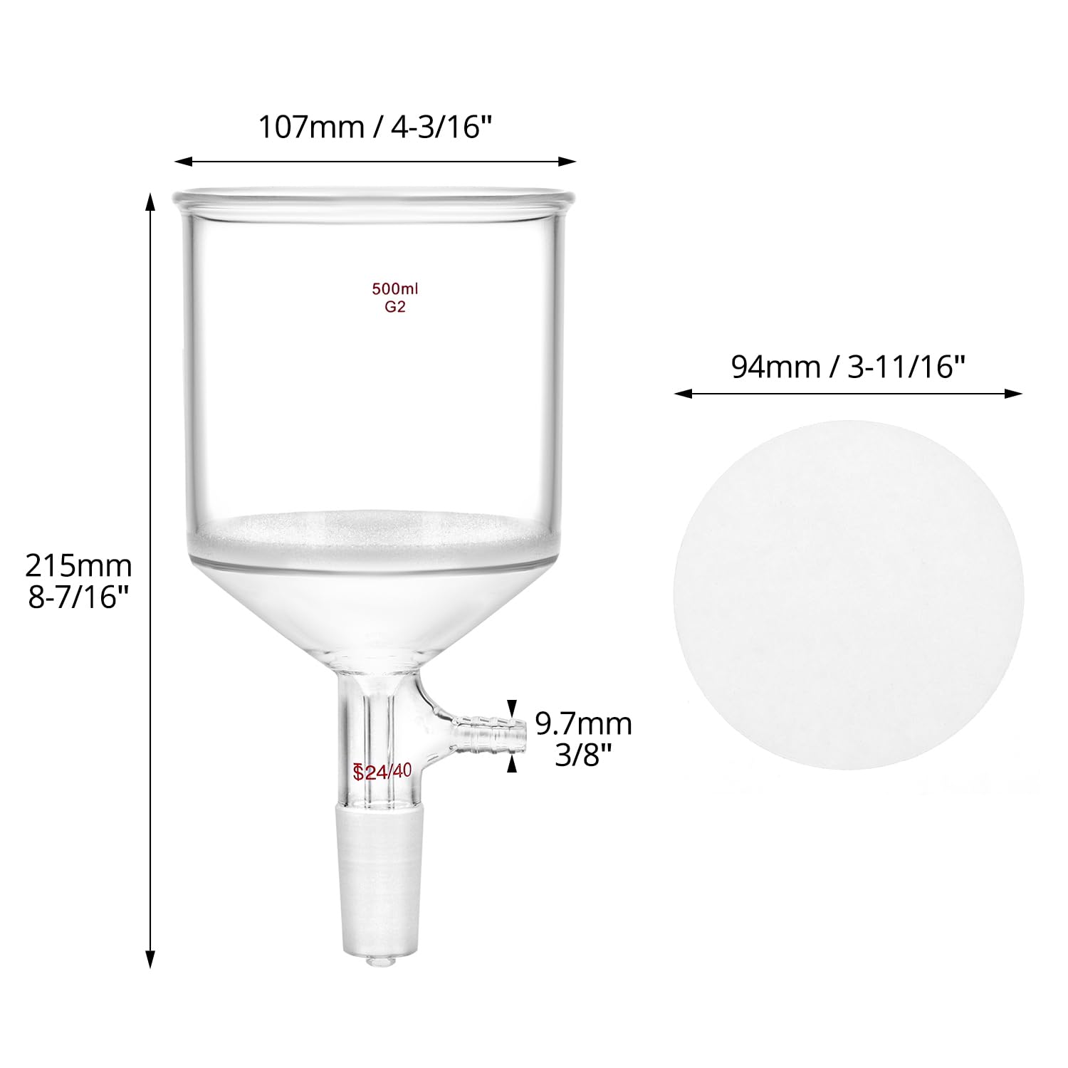 QWORK Imbuto filtrante Buchner in vetro borosilicato da 500 ml con fritta media (G2), giunto interno conico standard 24/40 e 100 filtri di carta da 93 mm