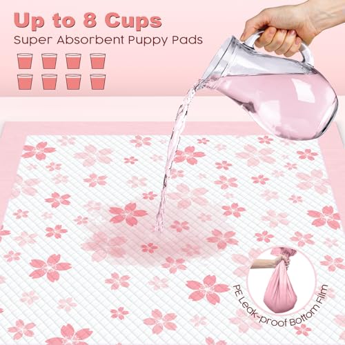 Image of MIZOK 100 Counts Dog Pee Pads Extra Large 28 inchx34 inch, Potty Pads for Big Dog Breeds, Super Absorbent & Leak-Proof, Pink Cherry Blossom Prints, 4-Corner Adhesive Tabs, Thick & Heavy, XL