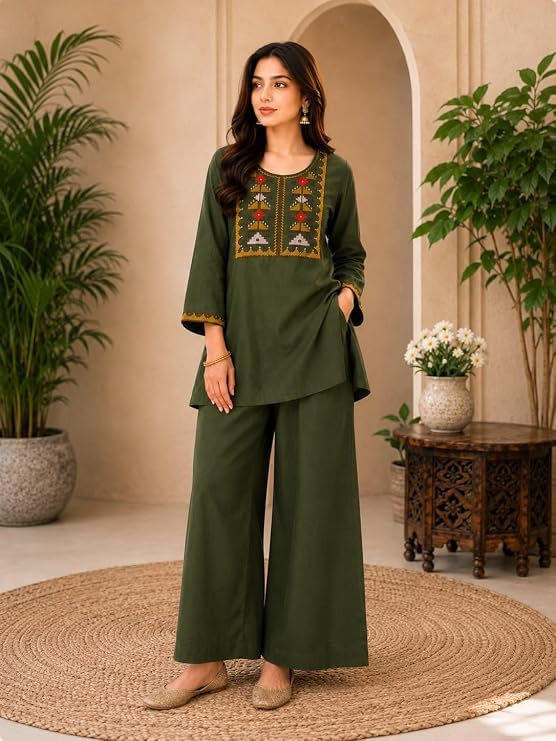 Image of Women's Embroidered Kurta Palazzo Set | Ethnic Co-Ord Set with Printed Design | Casual Traditional Outfit.