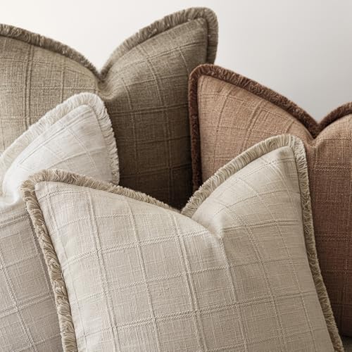 Image of Foindtower Set of 2 Decorative Linen Check Fringe Throw Pillow Covers Farmhouse Vintage Cushion Covers Modern Boho Home Decor for Sofa Chair Couch Bedroom Living Room,18x18 Inch,Cocoa Brown