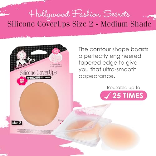 Hollywood Fashion Secrets Silicone Coverups, Size 2, Hypoallergenic, Reusable, Washable, Gentle on Skin, Ultra Thin, Self Adhesive, Medium Shade, 1 Pack