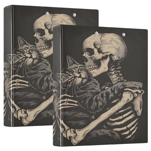 Image of Funny Cat Skeleton Skull Black 3 Ring Binder with 2 Interior Pockets 1.5 inch Binders 3 Ring Heavy Duty Fit 8.5 inch x 11 inch Letter Size for Office School, 2 Pack
