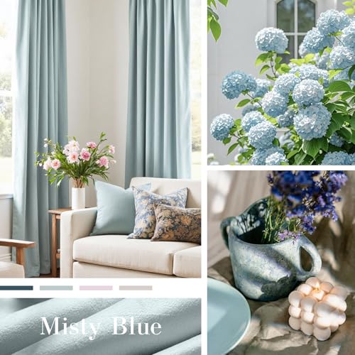 Image of Blackout Misty Blue Velvet Curtains Rod Pocket 52x84 Inch 2 Panels | Soft Velvet, For Bedroom & Living Space, Light Shifting Texture, Elegant Drape, Peaceful, Serene