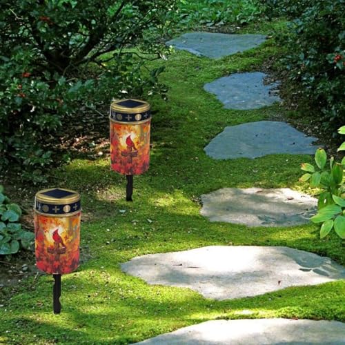 Image of Poceacles Cardinal Cross Maple Leaf Solar Outdoor Lights Solar Grave Candle Solar Cemetery Candles LED Automatic Flameless Candles Cemetery Outdoor Solar Lights for Loss of Dad, Set of 4