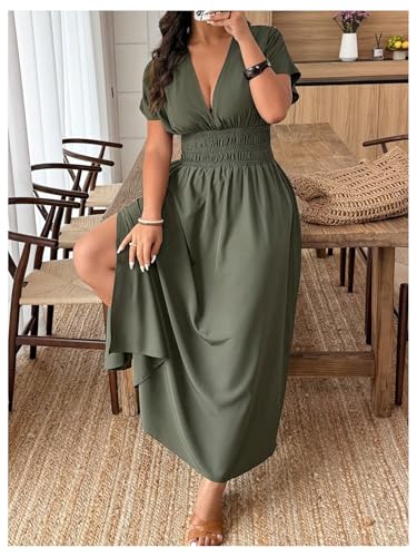 SOLY HUX Women's Plus Size Deep V Neck Maxi Dress Short Sleeve Split Hem Flowy Summer Dresses4