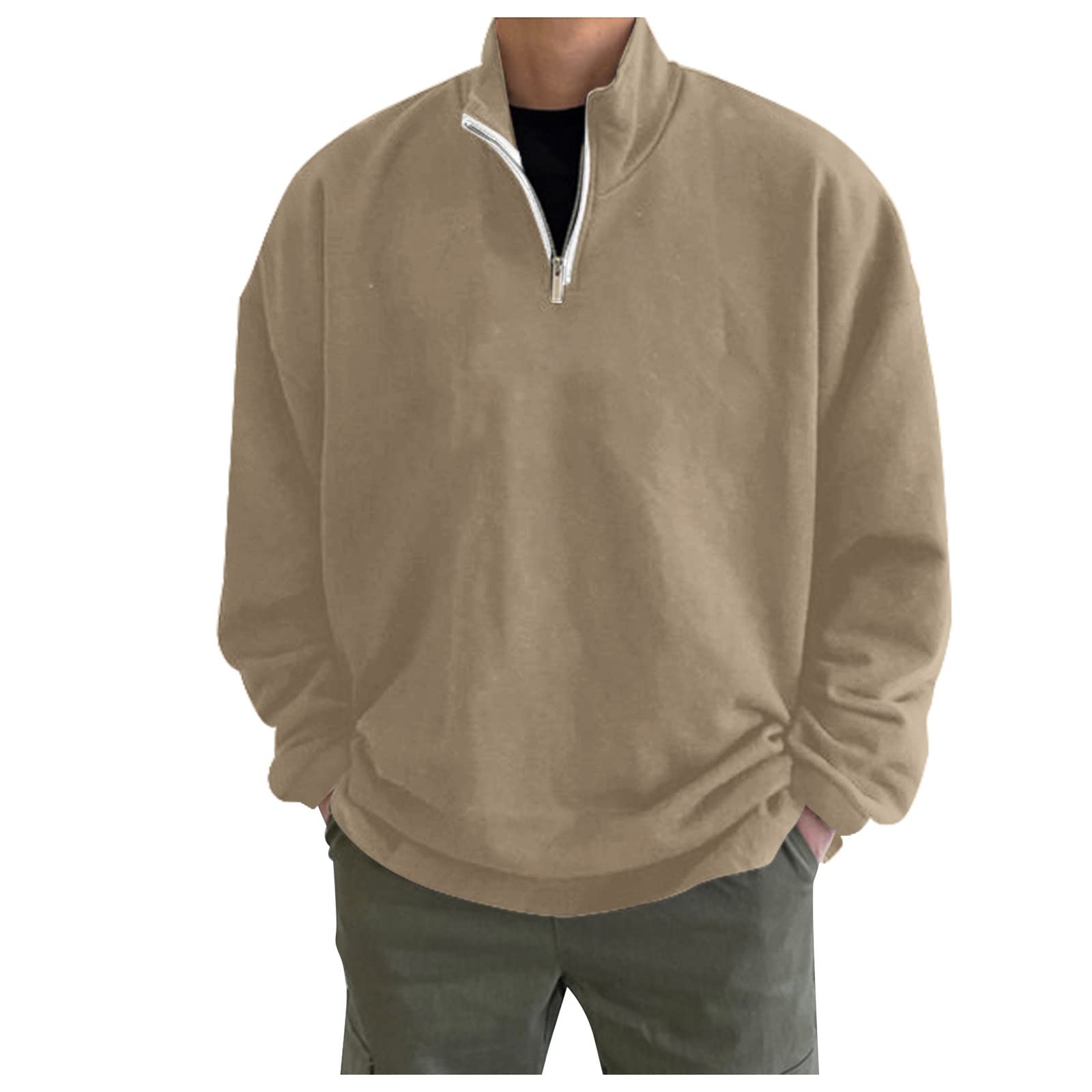 Sudadera de cuello redondo para hombre con cremallera y cuello alto, sudadera para hombre de manga larga algodón mezclado francés Terry Coupe Oversize holgado, deporte casual otoño invierno