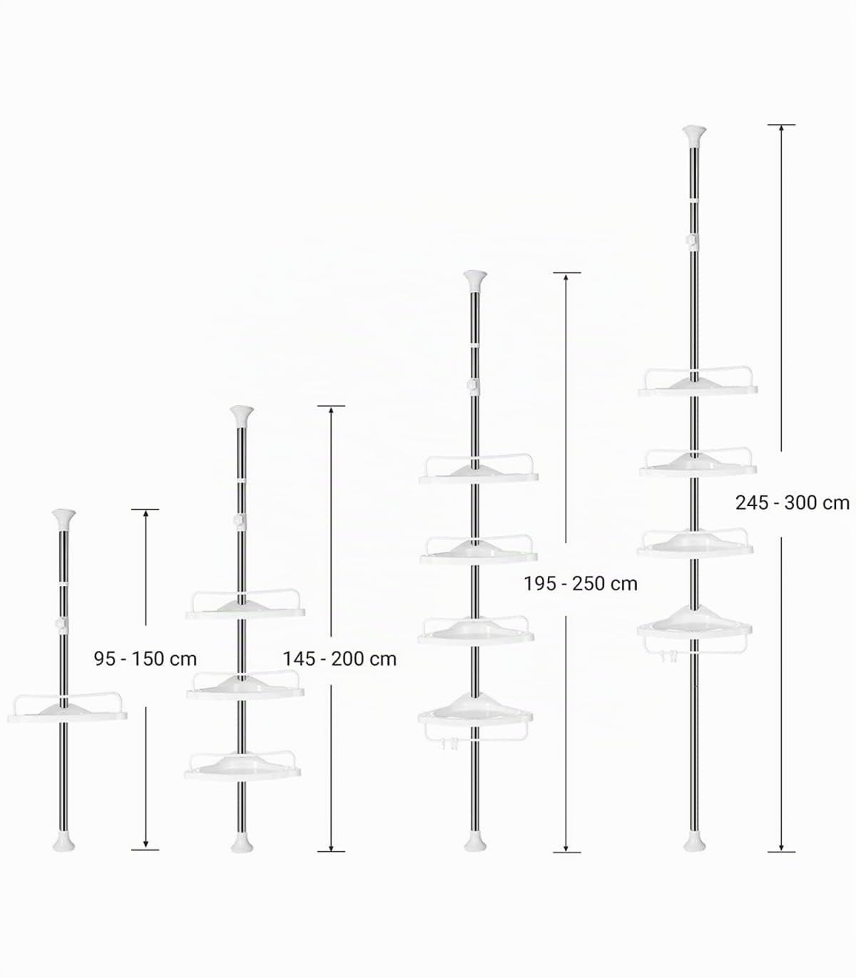 SONGMICS Estante de Baño Ajustable, Columna de Ducha Telescópica, 95-300 cm, de Suelo a Techo, con Marco de Acero Inoxidable, 4 Bandejas, 3 Ganchos, 1 Toallero, Blanco y Plateado BCB02SW