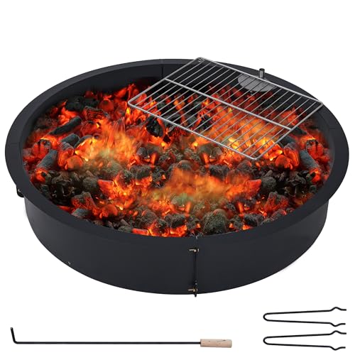 Fire Pit Ring with Grill Grate, 32" x 32" x 7.8" Firepit Cooking Ring 2.5MM Steel Heat-Resistant Large Fire Pit Insert Round, Above or In-Ground Fire Pit, for Camping Garden Backyard