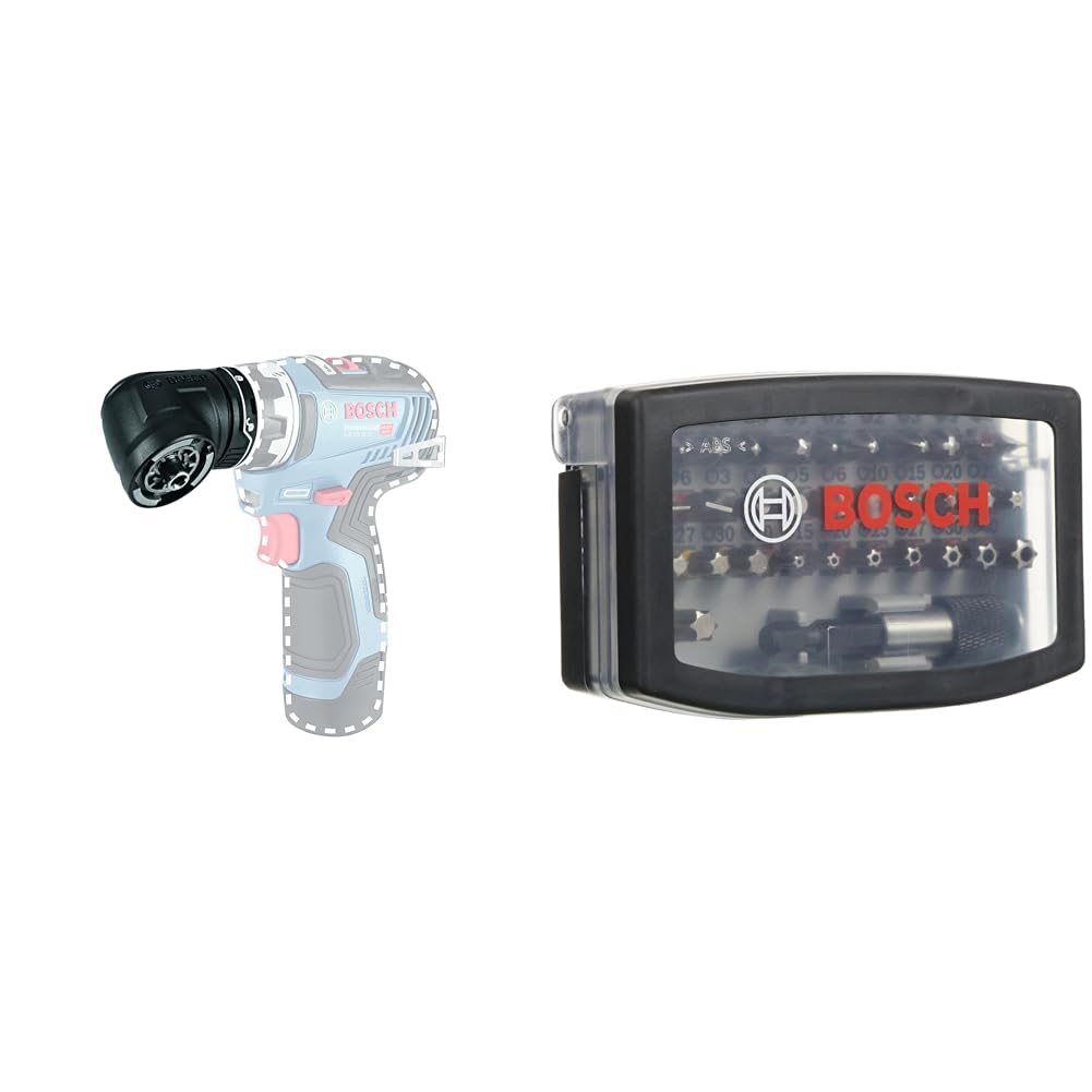 Bosch Professional FlexiClick Winkelaufsatz GFA 12-W für GSR 12V-15 FC + 32tlg. Schrauberbit Set Extra Hart (Kreuzschlitz-, Pozidriv-, Hex-, T-, TH-, S-Bit, Zubehör Bohrschrauber und Schraubendreher)
