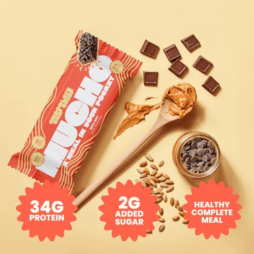 Image of Mucho Meal Bars, Chocolate Chip Crisp - 34g Protein, 3g Sugar, Low Saturated Fat - Healthy Meal Replacement Snack, Perfect for Bulking & Busy Lifestyles (8 Pack, Peanut Butter Caramel Chocolate)