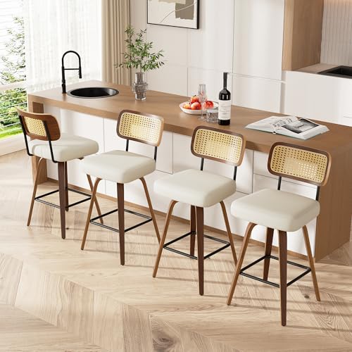 Image of Swivel Bar Stools Set of 4, 26 inch Upholstered Faux Leather Counter Height Barstools with Rattan Back & Bentwood Legs, Mid Century Modern Bar Chairs Island Stools for Kitchen Counter, Cream White