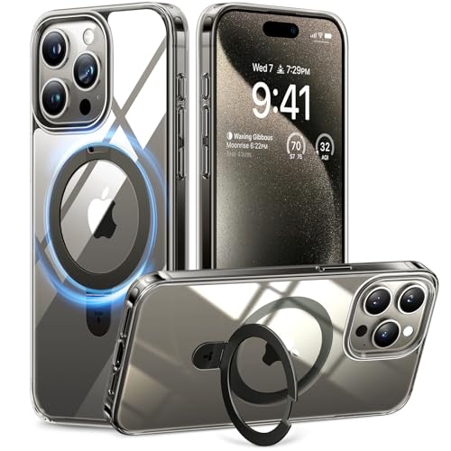 Image of TORRAS Magnetic Ostand Designed for iPhone 15 Pro Max Case, [Military Grade Drop Tested][Compatible with MagSafe][Build in Kickstand] Clear Slim Hard Back Soft Edge Anti-Fingerprint, Clear Grey