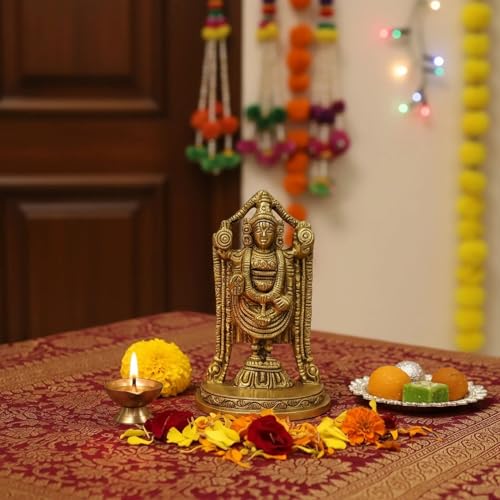 Estatua pequeña de Balaji y Venkateswara en latón dorado miniatura 6