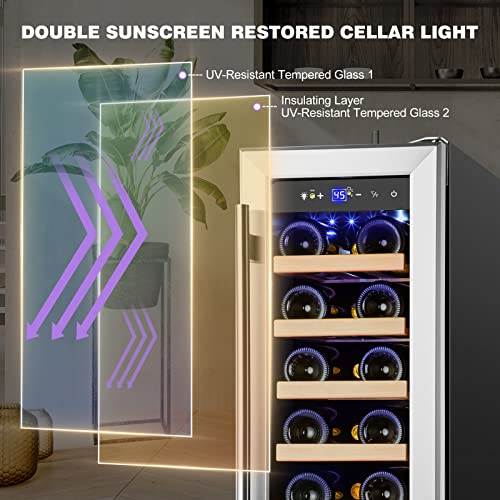 Image of Tylza 12 inch Wine Cooler Refrigerator, 18 Bottles Wine Fridge Built-in or Freestanding with Stainless Steel & Double-Layer Tempered Glass Door, Compressor Fast Cooling, Low Noise and No Fog, Mini Fridge