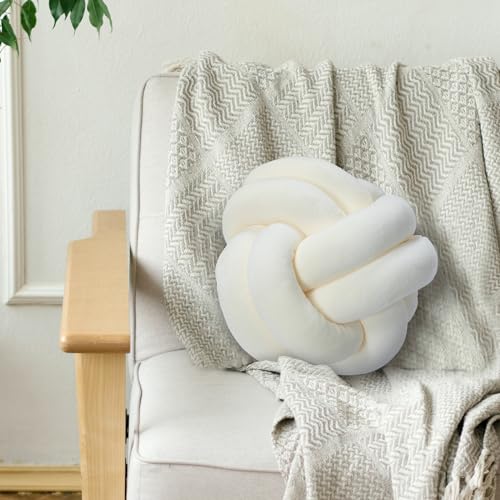 Image of FPYWO Cream Knot Pillow Ball,Round Velvet Pillow 20cm/7.8inch,Soft White Home Decorative Small Pillows,Handmade Round Pillow Knotted for Sofa, Bedroom and Photography Props