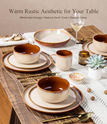 Image of LERATIO Ceramic Dinnerware Sets with Pasta Bowls for 4,Plates and Bowls Sets,Oven &Microwave & Dishwasher Safe,Light Weight & Scratch Resistant Dishes Sets-Service for 4 (16pcs)-Kahki