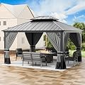 RTDTD 12’x14’ Hardtop Gazebo Outdoor Aluminum Frame Permanent Gazebo Galvanized Steel Double Roof Pergola with Nettings and Curtains for Patio, Lawns,Backyard, Deck(Grey)
