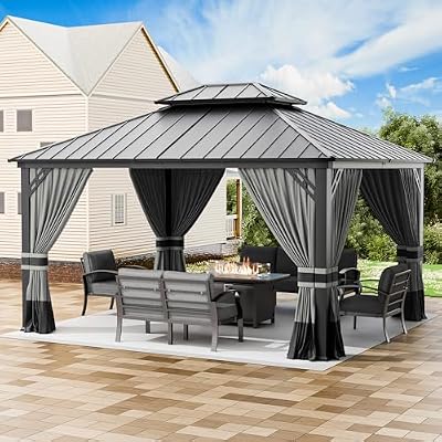 RTDTD 12’x14’ Hardtop Gazebo Outdoor Aluminum Frame Permanent Gazebo Galvanized Steel Double Roof Pergola with Nettings and Curtains for Patio, Lawns,Backyard, Deck(Grey)