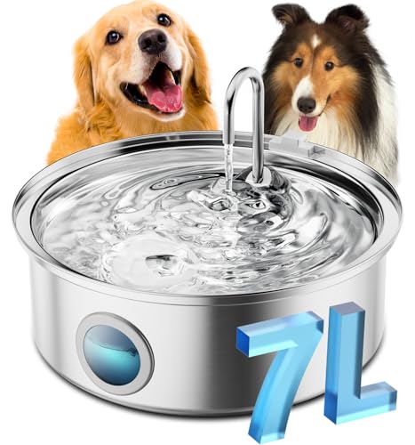 oneisall Dog Water Fountain, 7L/230oz/1.8G Quiet Dog Fountain Water Bowl, Stainless Steel Dog Water Fountain with Visual Water Level&Triple Filtration for Large Medium Small Breed Dogs Pets