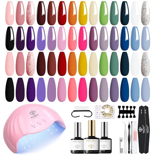 Modelones Gel Nail Kit, 28 Colors Pink Red Gel Nail Polish Set with Lamp Starter Kit No Wipe Base & Top Coat Diy Home Nails Curing Gift For Women