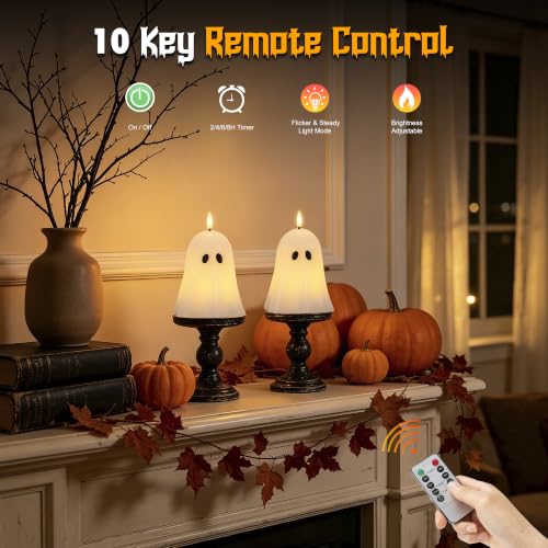 Image of Ghost Flameless Candles with Remote Timer, Spooky Halloween Decor For Home | Flickering Battery Operated LED Candles, Real Wax, Hand Painted, Table Fireplace Mantel Party Festival Decoration Gift, 2Pack