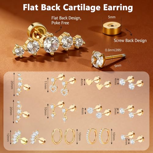 Image of SANNIDHI Earrings Set for Women Rhinestone Hoops Earring Hypoallergenic Hearts-shaped Flat Back Stud Earring Stainless Steel Cartilage Earrings Combo for Multiple Piercing