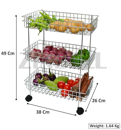 Image of Wrolavi Stainless Steel Fruits & Vegetables Storage 3 Shelf Basket Trolley, Multipurpose Shelves for Kitchen Storage| 53H x 23W x 41L cm | Silver Color | Rust Free