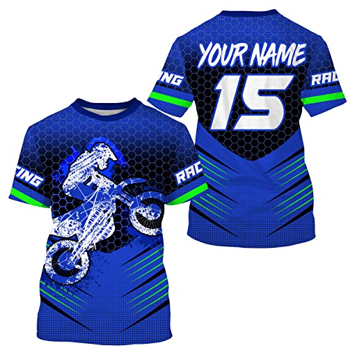 PIONAMZIOZ Short Sleeve Motocross Jersey Men Women UPF30+ Custom Blue Dirt Bike Shirt for Adlut MX Racing Motorcycle PDT (Blue #02)