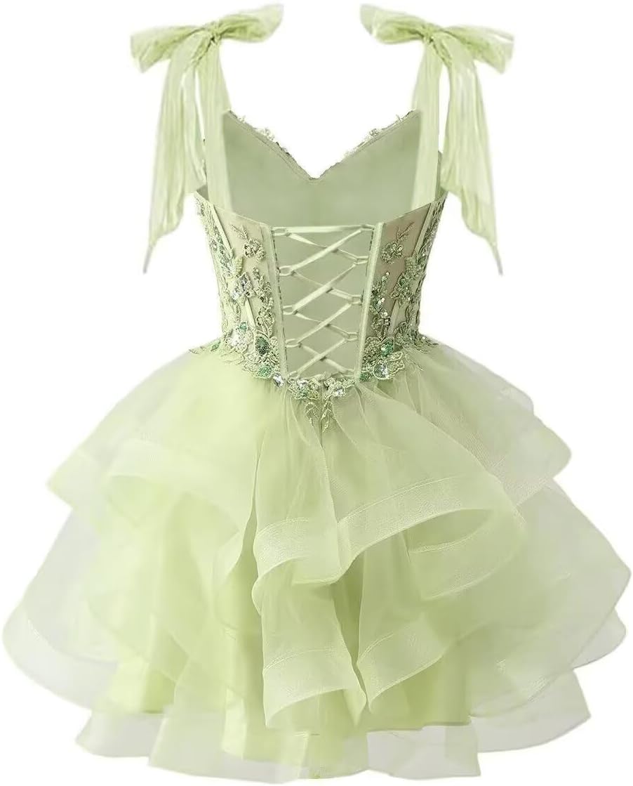 WANSU Lace Applique Tulle Homecoming Dresses for Teens Sequin Short Prom Dress with Bow Corset V Neck Mini Cocktail Dresses