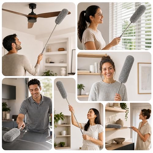 Image of Extendable Feather Duster, Microfiber Duster, Ceiling Fan Duster, Feather Dusters for Cleaning, Dust Cleaner, Cobweb Duster - Electrostatic Bendable Head - up to 100 Inch