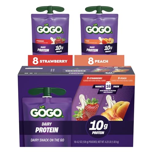 GOGO 10g Protein Variety Pack Strawberry and Peach Dairy Snack On The Go 4.2 oz Pouches (Pack of 16) Gluten Free Recloseable Cap BPA Free