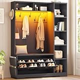 Itaar Hall Tree with Bench and Shoe Storage, Farmhouse Entryway Bench with Coat Rack, Shoe Cabinet with Flip Drawers, 7 Shelves, 10 Coat Hooks, Storage Bag, Led Lights, Black