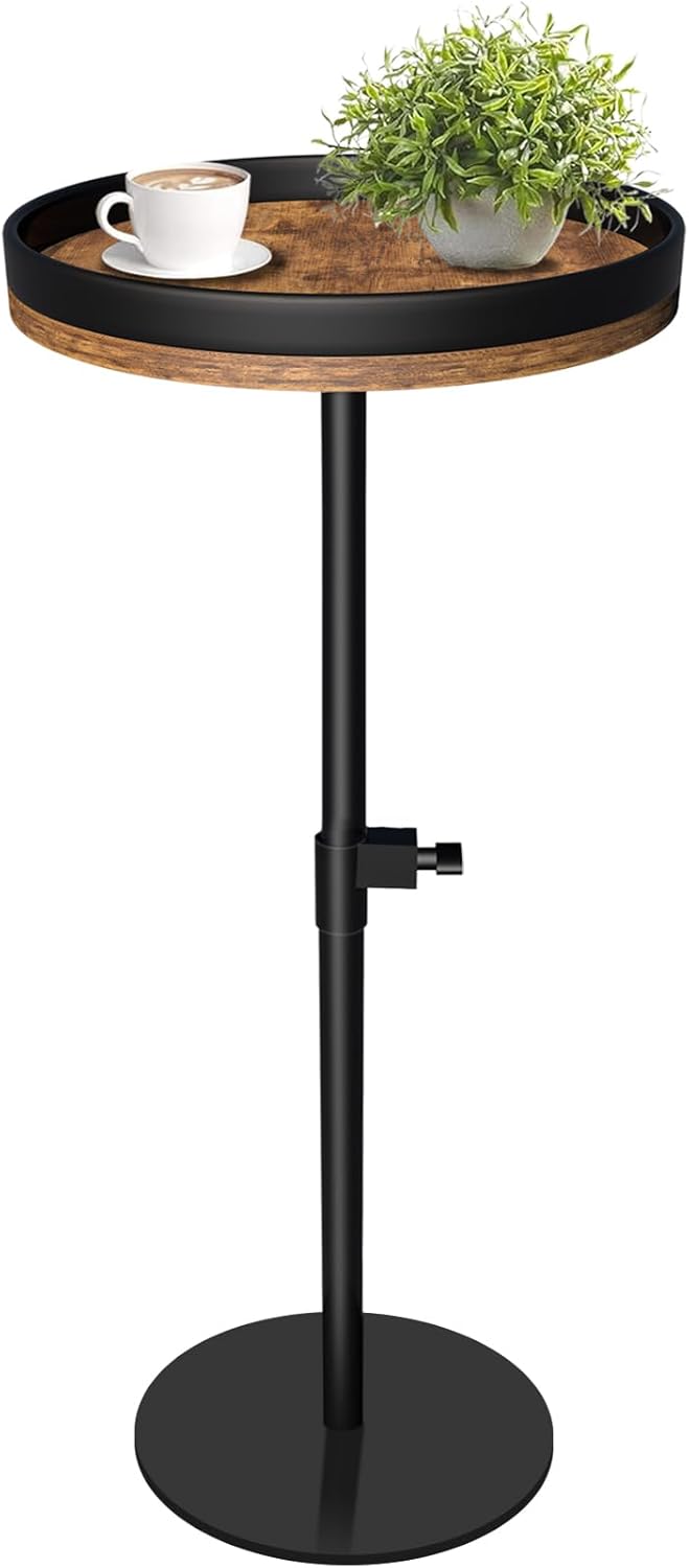 Drink Table, Small Round Side Table Height Adjustable Martini Table with Weighted Metal Base, Pedestal Table for Small Spaces, Accent Table for Living Room, Bedroom, Bathroom