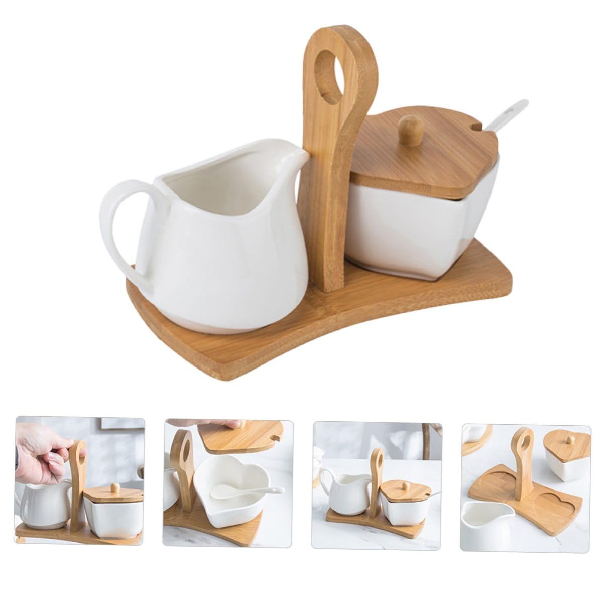 Artibetter Sucrier Céramique Blanc avec Pot à Lait et Set de Rangement pour Maison avec Plateau Bambou Décoration et Fonctionnelle pour Cuisine