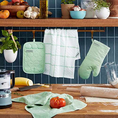 Image of KITCHENAID Quilted Cotton Terry Cloth Oven Mitt, Pot Holder, Kitchen Towel 4-Pack Set, Heat Resistant, Silicone Grip, 16 inchx26 inch, 7 inchx13 inch & 7 inchx10 inch, Pistachio