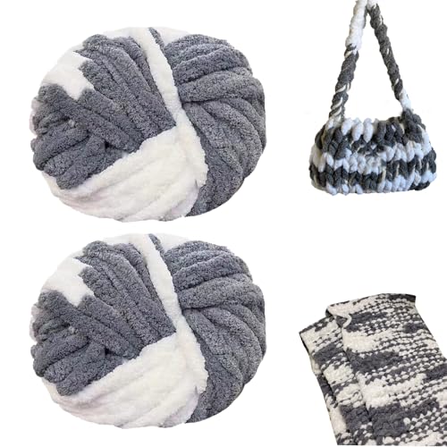 Lana Gruesa para Tejer a Mano, 2 Piezas 500g Hilo de Chenilla para Crochet Grueso, Ovillo Lanas Gruesa para Tejer Mantas, Almohadas, Bufandas y Gorros (Gris blanc)