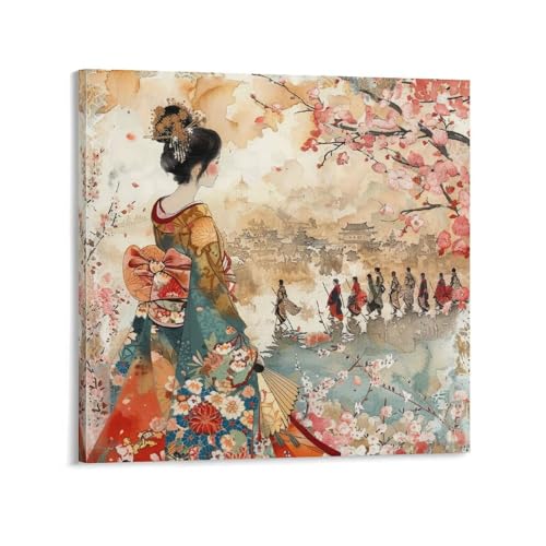 令和の浮世絵 和風 絵画 江戸 掛け軸 舞子 着物 女性 ポスター (66) バスルーム ベッドルーム リビング装飾 キャンバス ウォールアート プリント24x24inch(60x60cm)