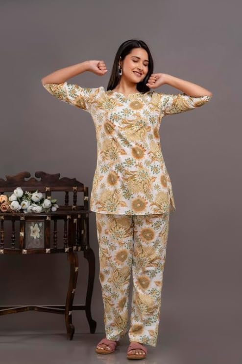 Image of Pure Cotton Printed Night Suit Set | Top Pyjama Set for Women | Night Dress of Kurta Pyjama Set for Women | Kurta Top Set