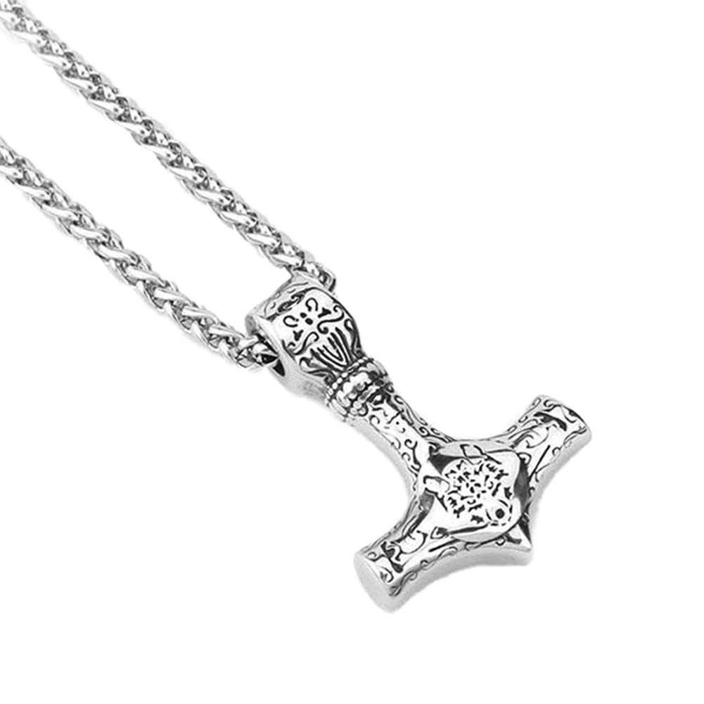 DFWY Nordic Viking Stainless Steel Thor's Hammer Necklace - Men's Odin Rune Wolf Head Mjolnir Totem Pendant Amulet - Punk Street Rock Fashion Animal Jewelry Party Gift (Color : Silver)