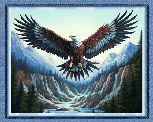 Image of DMCVIVR Stamped Cross Stitch Kits for Beginners Adults Needlepoint Kits for Beginners Embroidery Kits for Adults Crossstitch Kit for Beginners 11CT-Mountain and River Owl 16x20 inchs