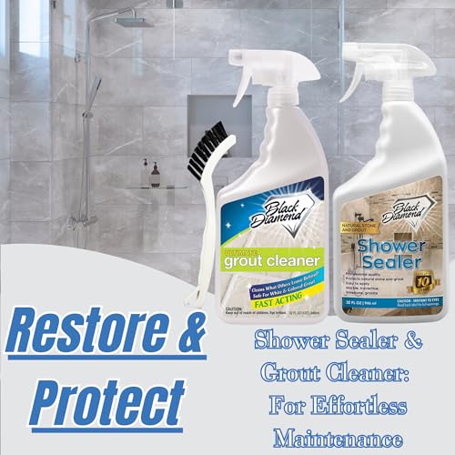 Image of Black Diamond Stoneworks Natural Stone Shower Sealer Quart + Ultimate Grout Cleaner with Brush Quart (2-Pack) - Seals & Protects Showers, Deep Cleans Tile & Grout