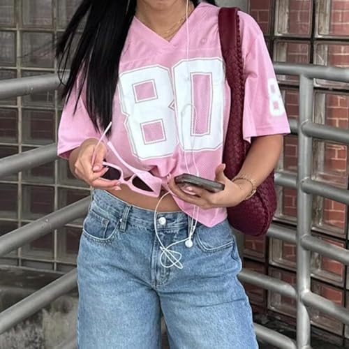 Oversized Number Letter Graphic Mesh T-Shirt for Women Vintage V-Neck Jersey Tops Y2k Short Sleeve Football Tee2
