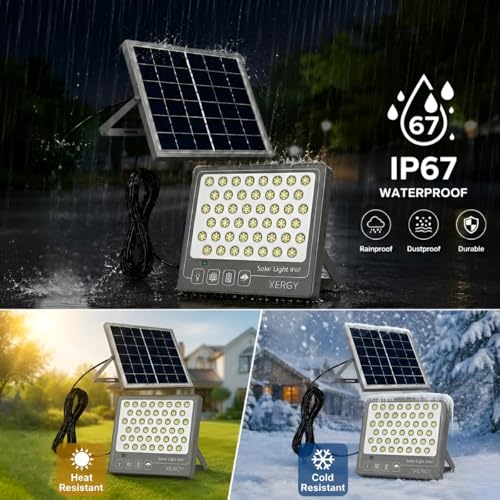 Image of XERGY 100W Solar LED Flood Light with Remote, 270 LEDs - IP67 Waterproof, Outdoor Security Light, Dusk-to-Dawn Sensor, 2000mAh Battery, Ideal for Garden, Home, Wall, Porch, Shed (Includes 5m Cable)