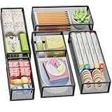 Marbrasse 5 Pack Desk Drawer Organizer Set, Mesh Drawer Storage Trays with 1 Adjustable Divider, Desk Organizers and Accessories, 5 PCS Drawer for Office Supplies, Makeup & Vanity (Black)