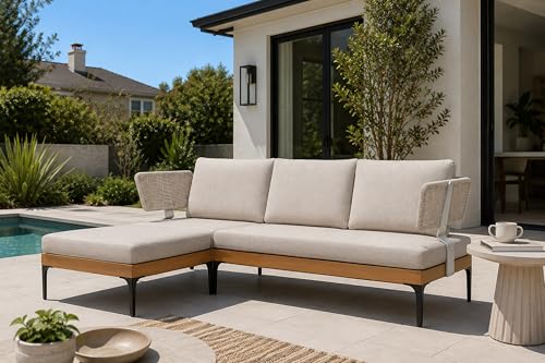 Image of PURPLE LEAF Patio Furniture Set Outdoor Sectional Sofa with Cushions and Pillows Wicker L-Shaped 4 Pieces Aluminum Conversation Sets with Ottoman for Balcony Yard Garden Poolside, Oatmeal Greige