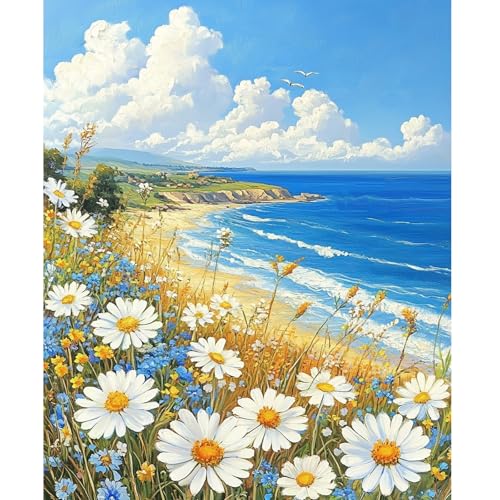 NEWENMO Paisaje de Playa Pintar por Numeros Kit,Hermosas Flores Pintura por Numeros Adultos,DIY Paint by Numbers Kits,con 3 Pinceles,Pigmento Acrílico,para Decoración de Hogar (40x50cm,Sin Marco)