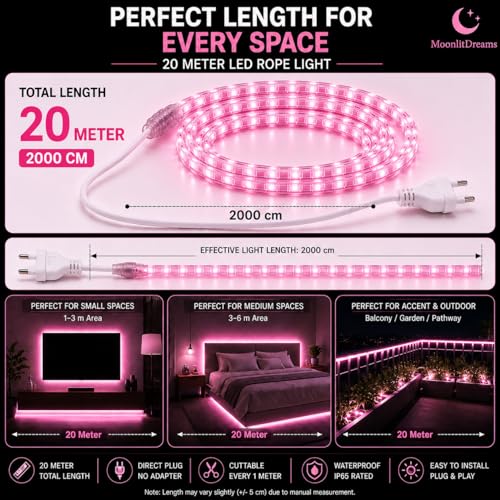 Image of MoonlitDreams 20M LED Rope Light | 120 LEDs /M Waterproof Strip Light | Pink Flexible Cove Light for False Ceiling, Balcony, Bedroom, Garden & Indoor Outdoor Decoration | Plug & Play Decorative Light