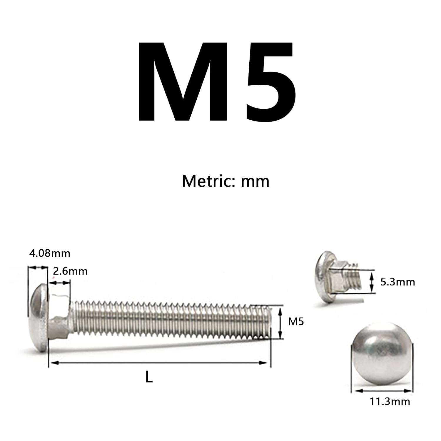 Carriage Screws Square Neck Bolts M5 Truss Head Half Round Thread 0.8mm Pitch Shelf Machine Fasteners Stainless Steel (30pcs, 12mm Length)