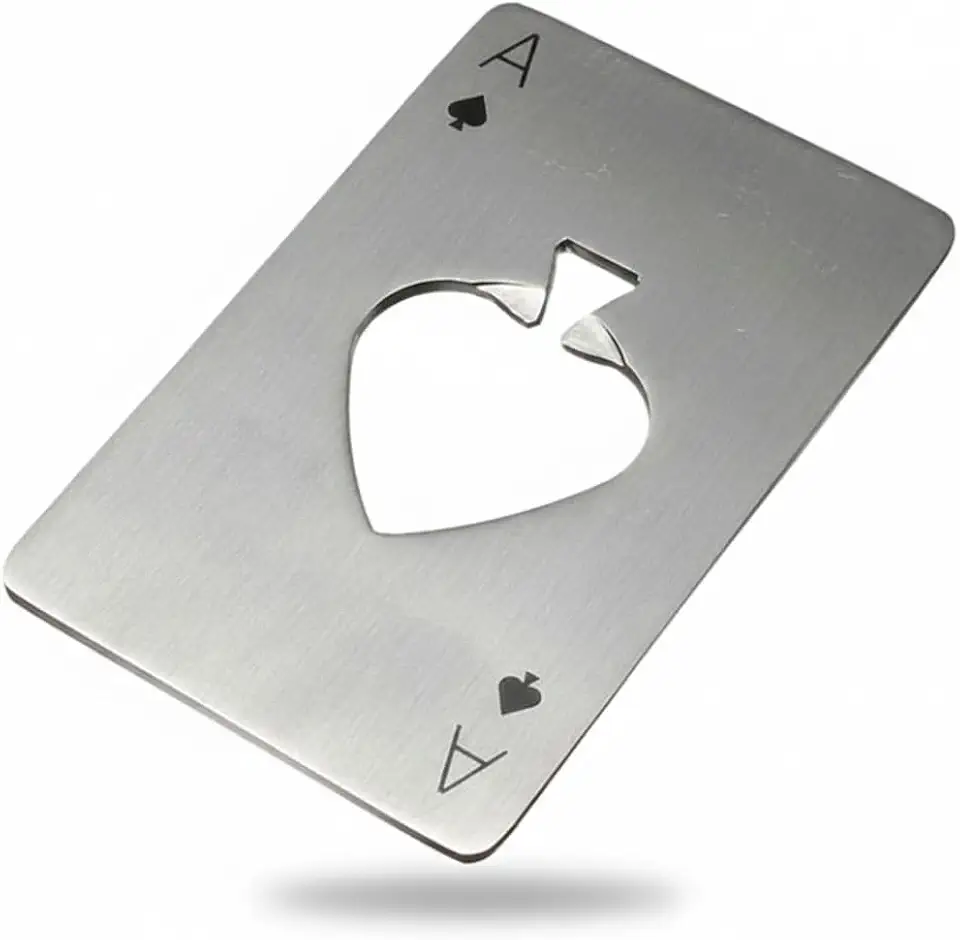 Abridor de Garrafa Formato Carta de Baralho em Aço Inoxidável Portátil, Compacto, Resistente, Estilo Poker Ideal para Churrasco, Viagens, Bar em Casa.